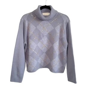 Norton McNaughton Blue Knit Cropped Argyle Turtleneck Sweater w/ Sequins Size L